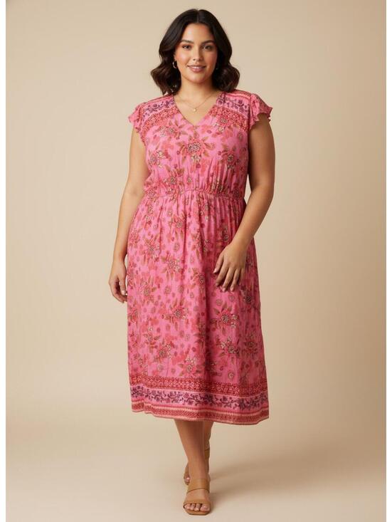 Rusttydustty Dresses & Skirts - Rusttydustty Bohemian Pink Floral Maxi Dress with Ruffle Sleeves 2XL